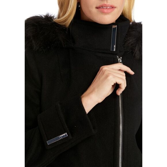 New! CALVIN KLEIN Wool-Blend Hooded Faux Fur Black Coat Jacket XL Zip-Front - Picture 10 of 12